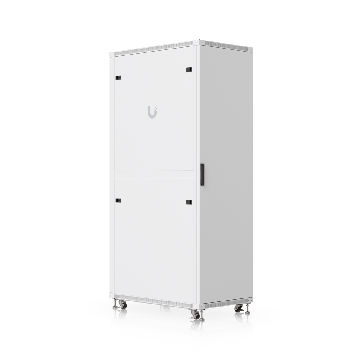 Ubiquiti UACC-Rack-42U-1000-G UniFi 1000mm 42U rack cabinet angled rear and side view with caster wheels
