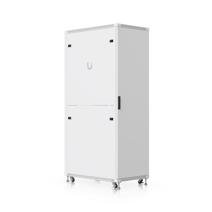 Ubiquiti UACC-Rack-42U-1000-G UniFi 1000mm 42U rack cabinet angled rear and side view with caster wheels
