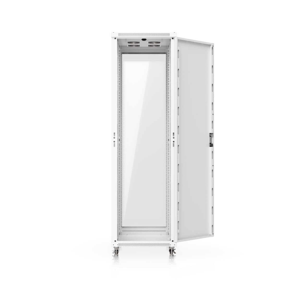 Ubiquiti UACC-Rack-42U-1000-G UniFi 1000mm 42U rack cabinet with glass front door open and internal rack rails visible