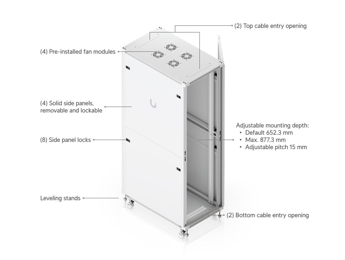 Ubiquiti UACC-Rack-42U-1000-G UniFi 42U rack cabinet showing fan modules, cable entry openings, removable side panels and adjustable mounting rails