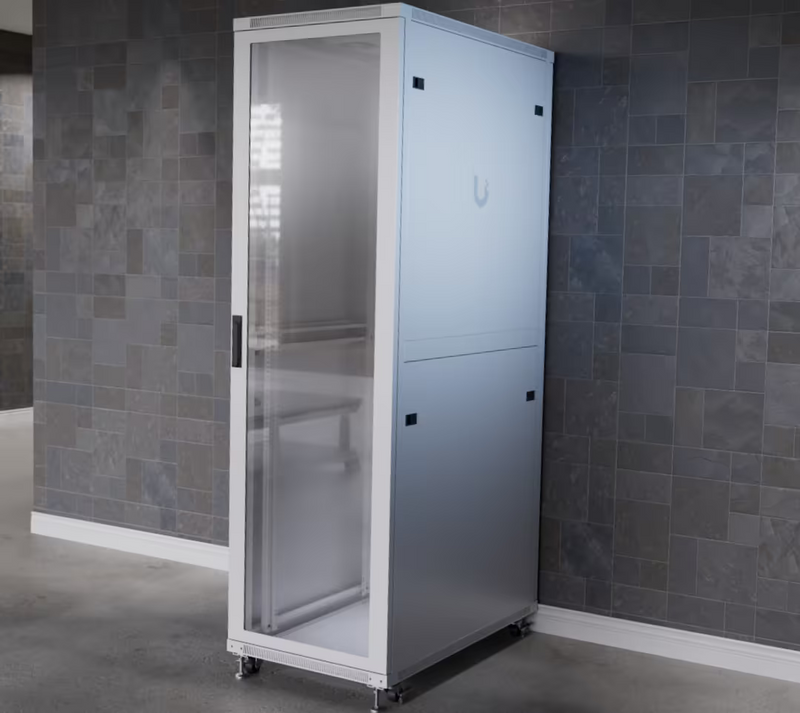 Ubiquiti UACC-Rack-42U-1000-G UniFi 1000mm 42U rack cabinet 800kg installed with tempered glass front door and solid side panels
