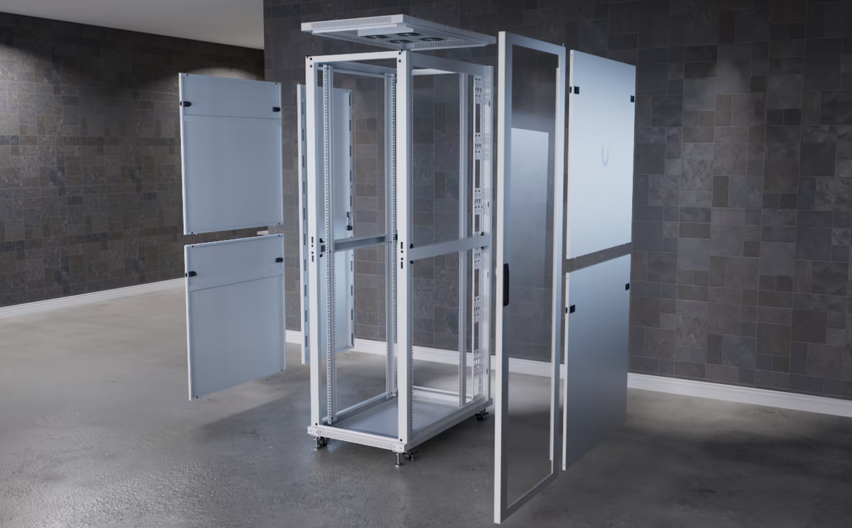 Ubiquiti UACC-Rack-42U-1000-G UniFi 1000mm 42U rack cabinet exploded view showing glass front door, removable side panels, frame and top panel