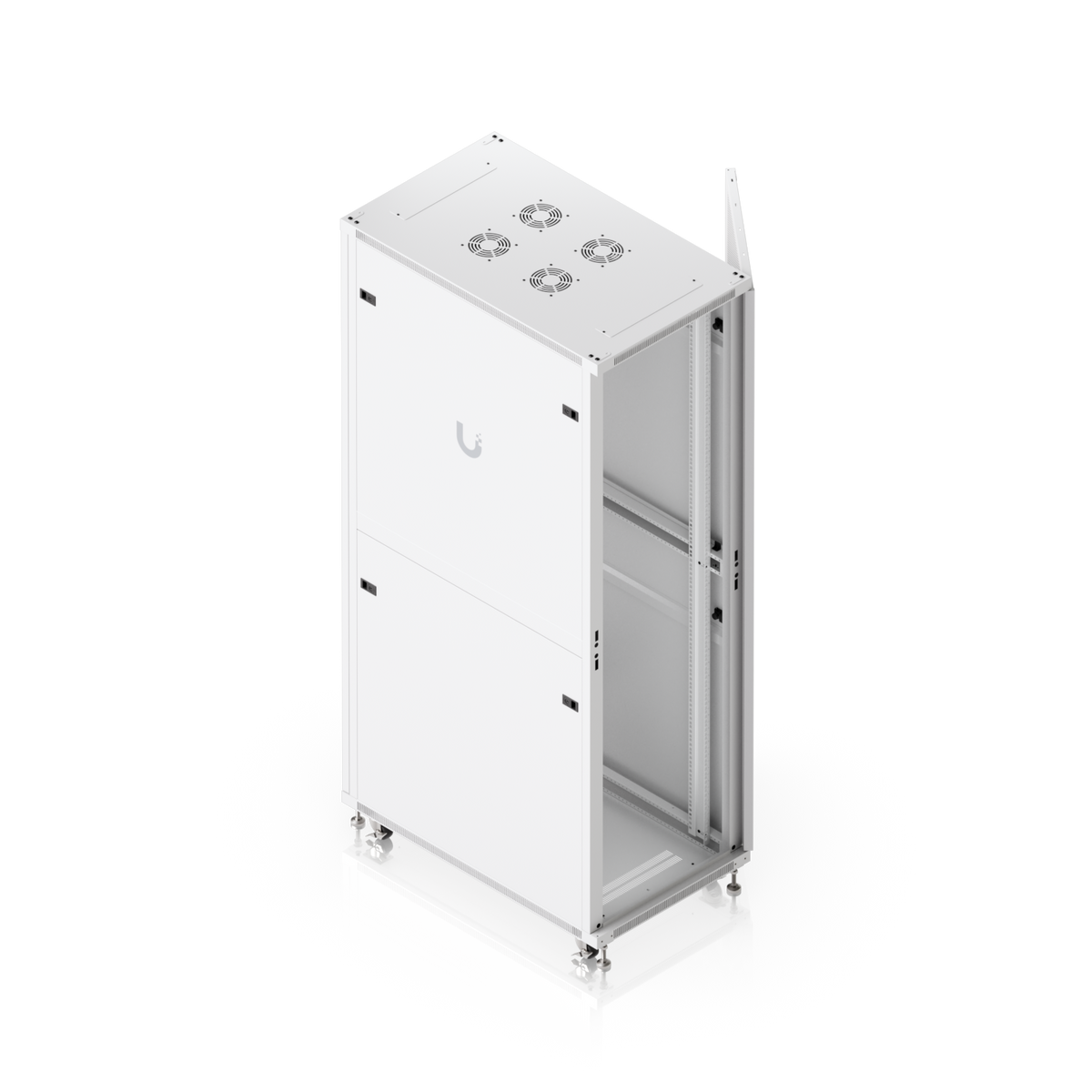 Elevated rear three-quarter view of Ubiquiti UACC-Rack-42U-1000-P 42U rack cabinet with side door open, internal mounting rails and four roof fan mounts.