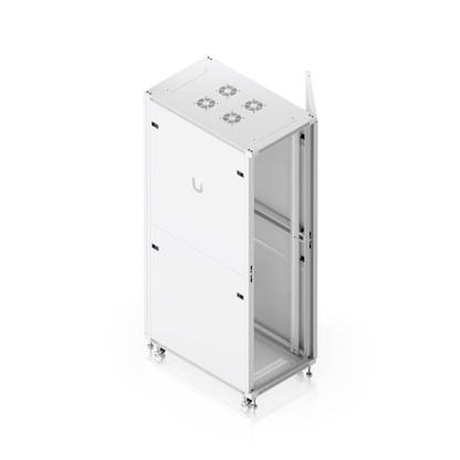 Elevated rear three-quarter view of Ubiquiti UACC-Rack-42U-1000-P 42U rack cabinet with side door open, internal mounting rails and four roof fan mounts.