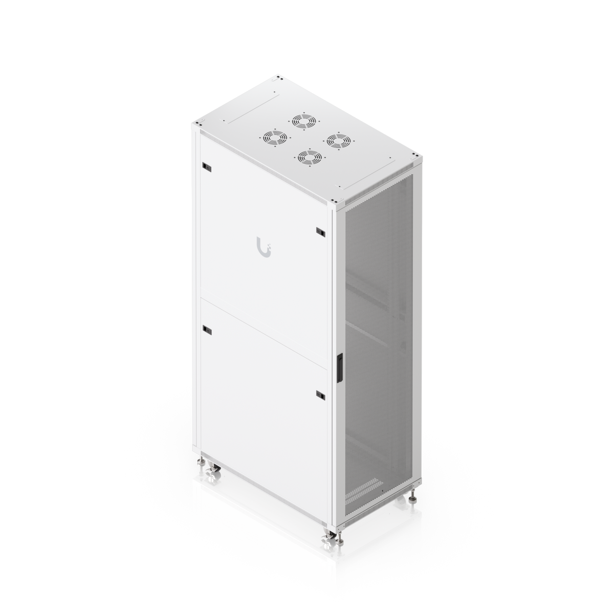 Elevated rear three-quarter view of Ubiquiti UACC-Rack-42U-1000-P UniFi 1000mm 42U rack cabinet with perforated side door and roof fan mounts.