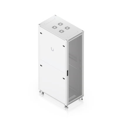 Elevated rear three-quarter view of Ubiquiti UACC-Rack-42U-1000-P UniFi 1000mm 42U rack cabinet with perforated side door and roof fan mounts.