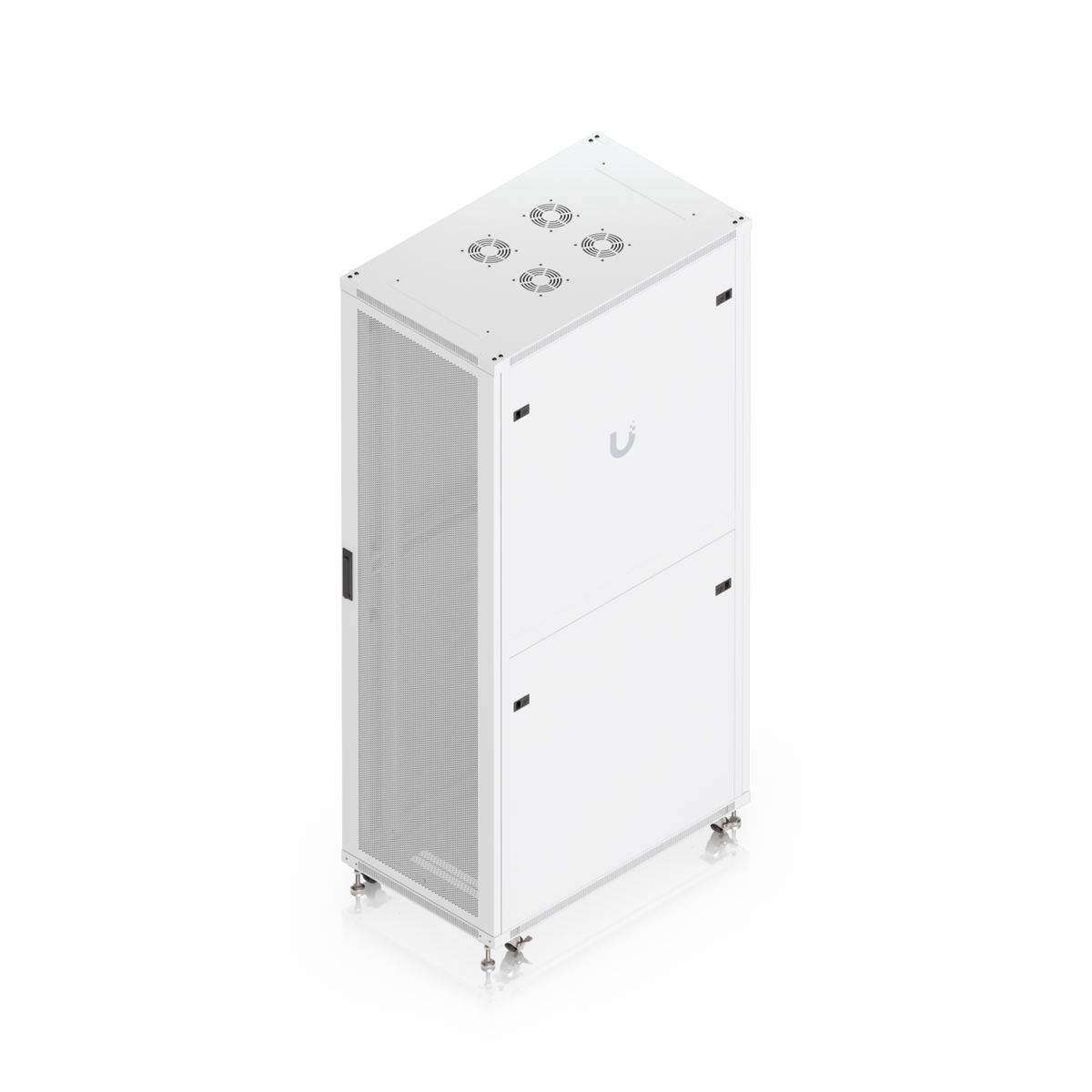 Elevated opposite rear three-quarter view of Ubiquiti UACC-Rack-42U-1000-P 42U rack cabinet showing perforated side door, split rear panels and roof fan mounts.