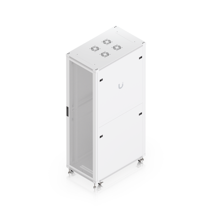 Elevated opposite rear three-quarter view of Ubiquiti UACC-Rack-42U-1000-P 42U rack cabinet showing perforated side door, split rear panels and roof fan mounts.