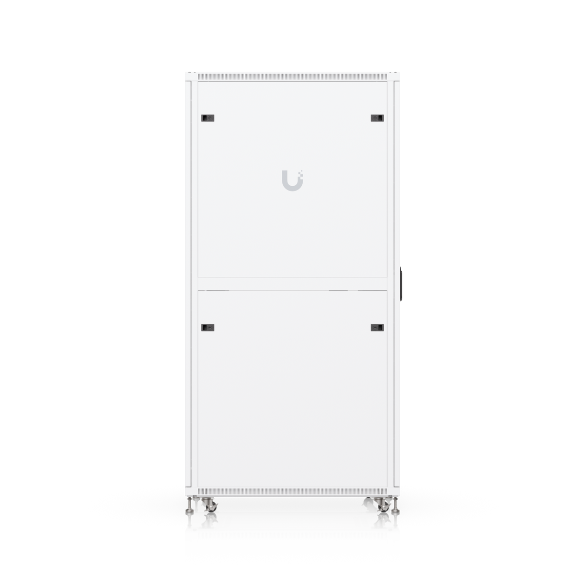 Rear view of Ubiquiti UACC-Rack-42U-1000-P 42U rack cabinet showing split rear access panels, ventilation slots and caster base.