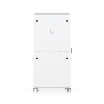 Rear view of Ubiquiti UACC-Rack-42U-1000-P 42U rack cabinet showing split rear access panels, ventilation slots and caster base.