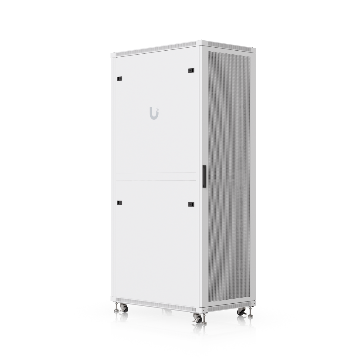 Ubiquiti UACC-Rack-42U-1000-P 1000mm 42U rack cabinet rear three-quarter view with split rear panels and perforated side door.