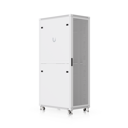 Ubiquiti UACC-Rack-42U-1000-P 1000mm 42U rack cabinet rear three-quarter view with split rear panels and perforated side door.
