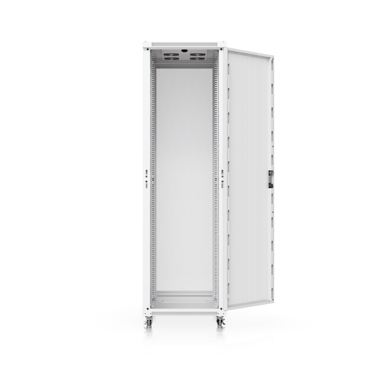Ubiquiti UACC-Rack-42U-1000-P 42U rack cabinet with perforated front door open, revealing internal rack rails and cable management openings.