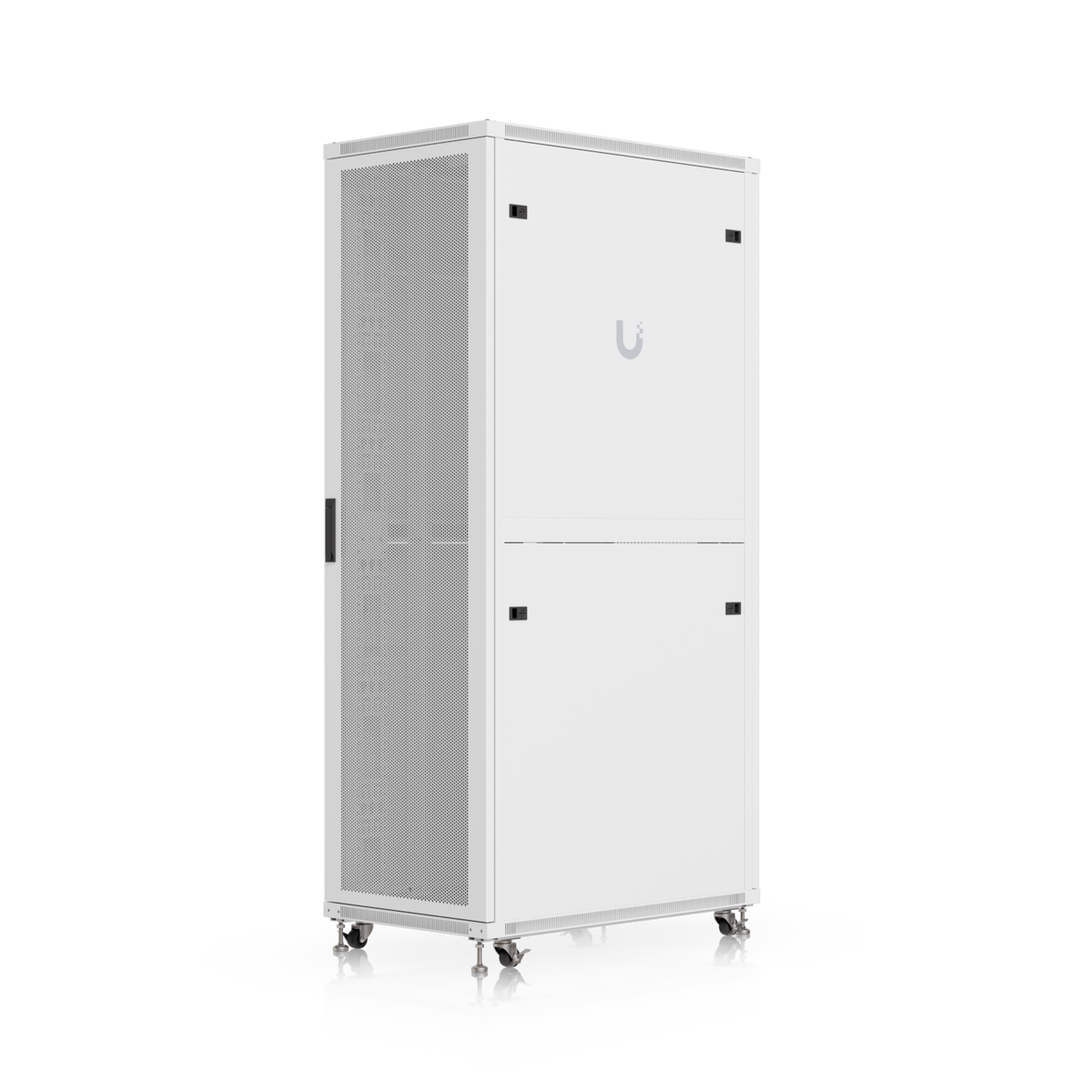 Ubiquiti UACC-Rack-42U-1000-P UniFi 1000mm 42U rack cabinet rear angled view with solid split rear panels, caster wheels and levelling feet.