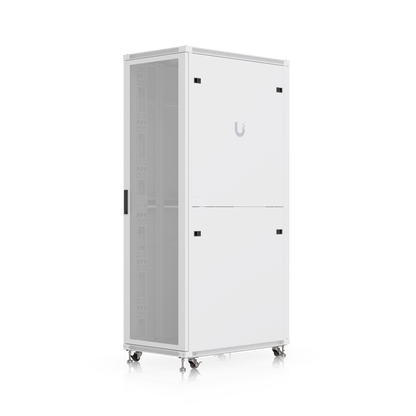 Ubiquiti UACC-Rack-42U-1000-P UniFi 1000mm 42U rack cabinet rear angled view with solid split rear panels, caster wheels and levelling feet.