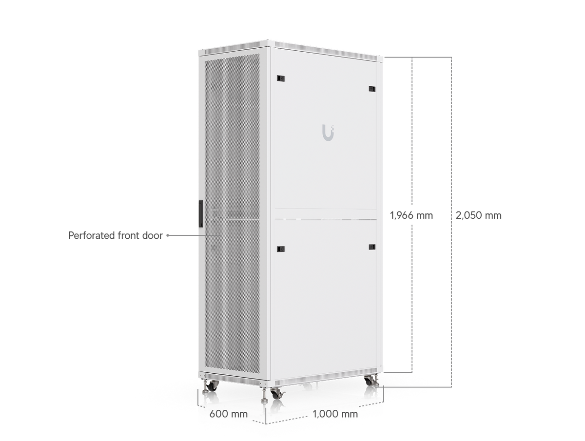 Ubiquiti UACC-Rack-42U-1000-P UniFi 1000mm 42U rack cabinet dimensions showing 600mm width, 1000mm depth, 1966mm cabinet height and 2050mm overall height.