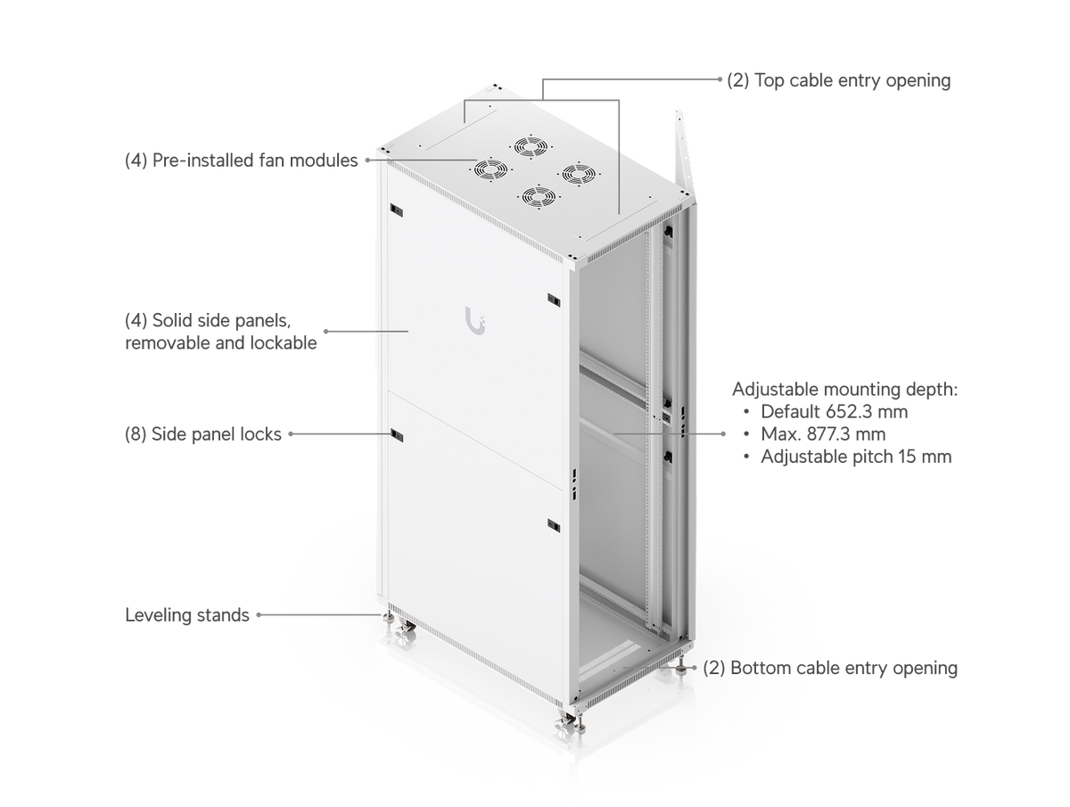 Ubiquiti UACC-Rack-42U-1000-P 42U rack cabinet feature diagram showing four fan modules, top and bottom cable entry openings, removable locking side panels, adjustable mounting depth and levelling stands.