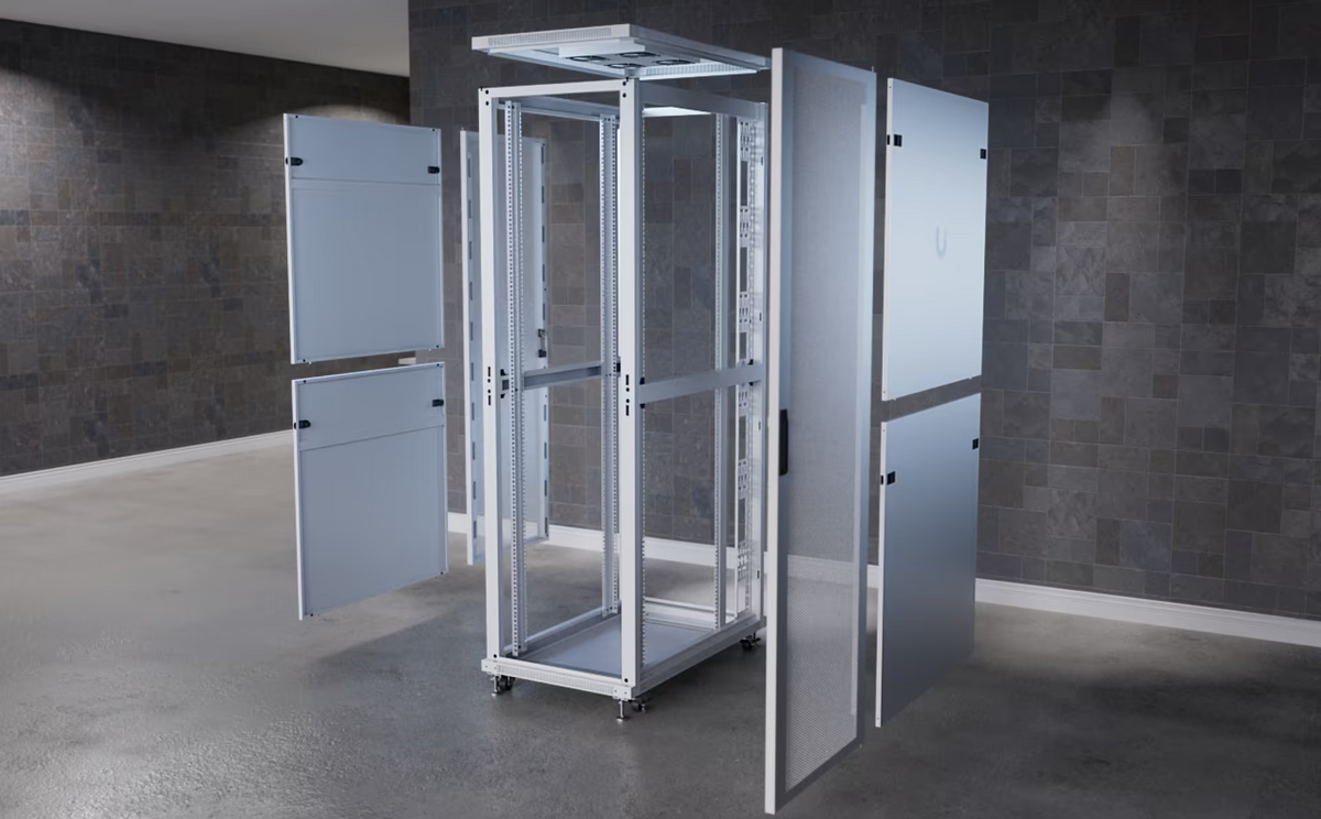 Exploded view of Ubiquiti UACC-Rack-42U-1000-P 42U rack cabinet showing perforated front door, removable side panels, split rear panels, roof panel and internal mounting frame.