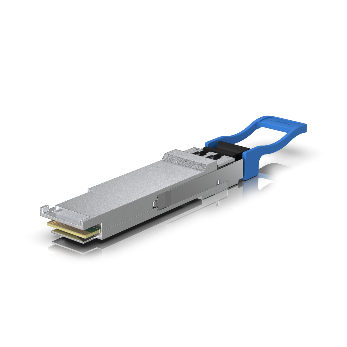 Ubiquiti UACC-OM-QSFP28-LR4 UniFi 100G LR4 Single-Mode Optical Module, angled underside view with metal housing and extended pull tab.