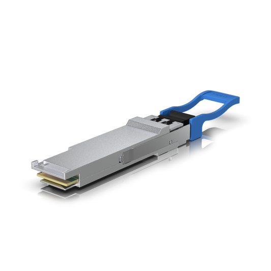 Ubiquiti UACC-OM-QSFP28-LR4 UniFi 100G LR4 Single-Mode Optical Module, angled underside view with metal housing and extended pull tab.
