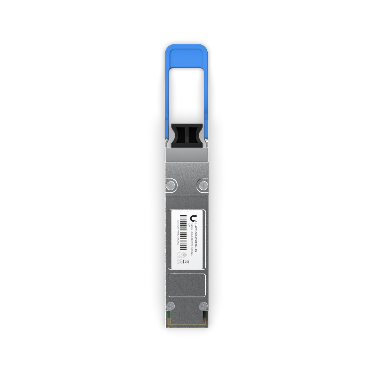 Ubiquiti UACC-OM-QSFP28-LR4 UniFi 100G LR4 Single-Mode Optical Module, top view with product label, housing screws and pull tab.