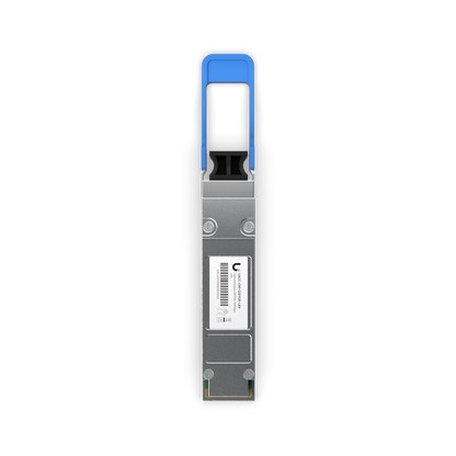 Ubiquiti UACC-OM-QSFP28-LR4 UniFi 100G LR4 Single-Mode Optical Module, top view with product label, housing screws and pull tab.