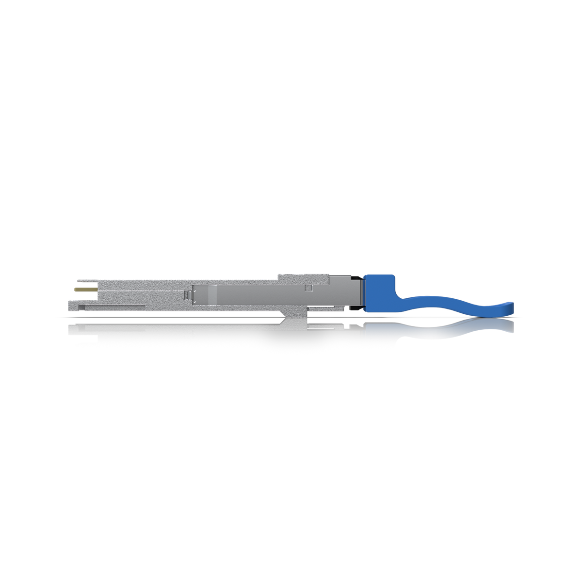 Ubiquiti UACC-OM-QSFP28-LR4 UniFi 100G LR4 Single-Mode Optical Module, top view with product label, housing screws and pull tab.