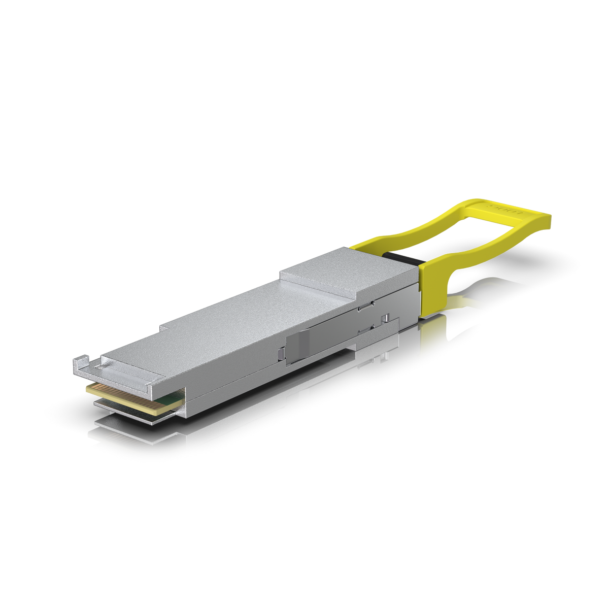 Ubiquiti UACC-OM-QSFP28-PSM4 UniFi 100G PSM4 single-mode optical module, angled underside view with metal housing and yellow pull tab