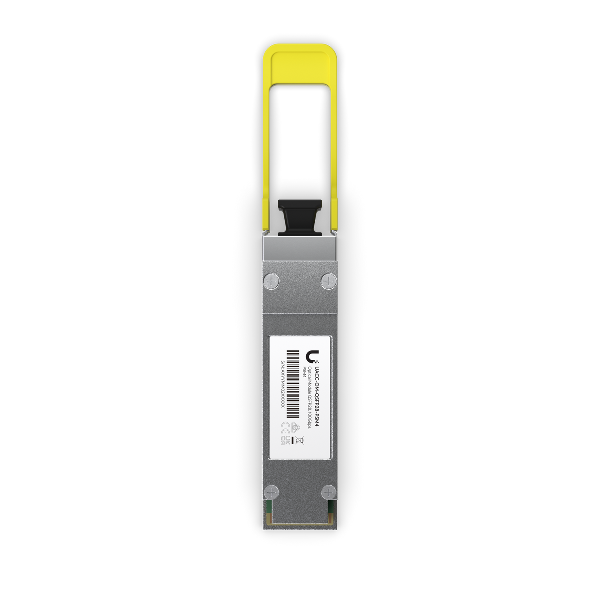 Ubiquiti UACC-OM-QSFP28-PSM4 UniFi 100G PSM4 single-mode optical module, top view showing identification label and yellow pull tab