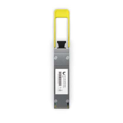 Ubiquiti UACC-OM-QSFP28-PSM4 UniFi 100G PSM4 single-mode optical module, top view showing identification label and yellow pull tab