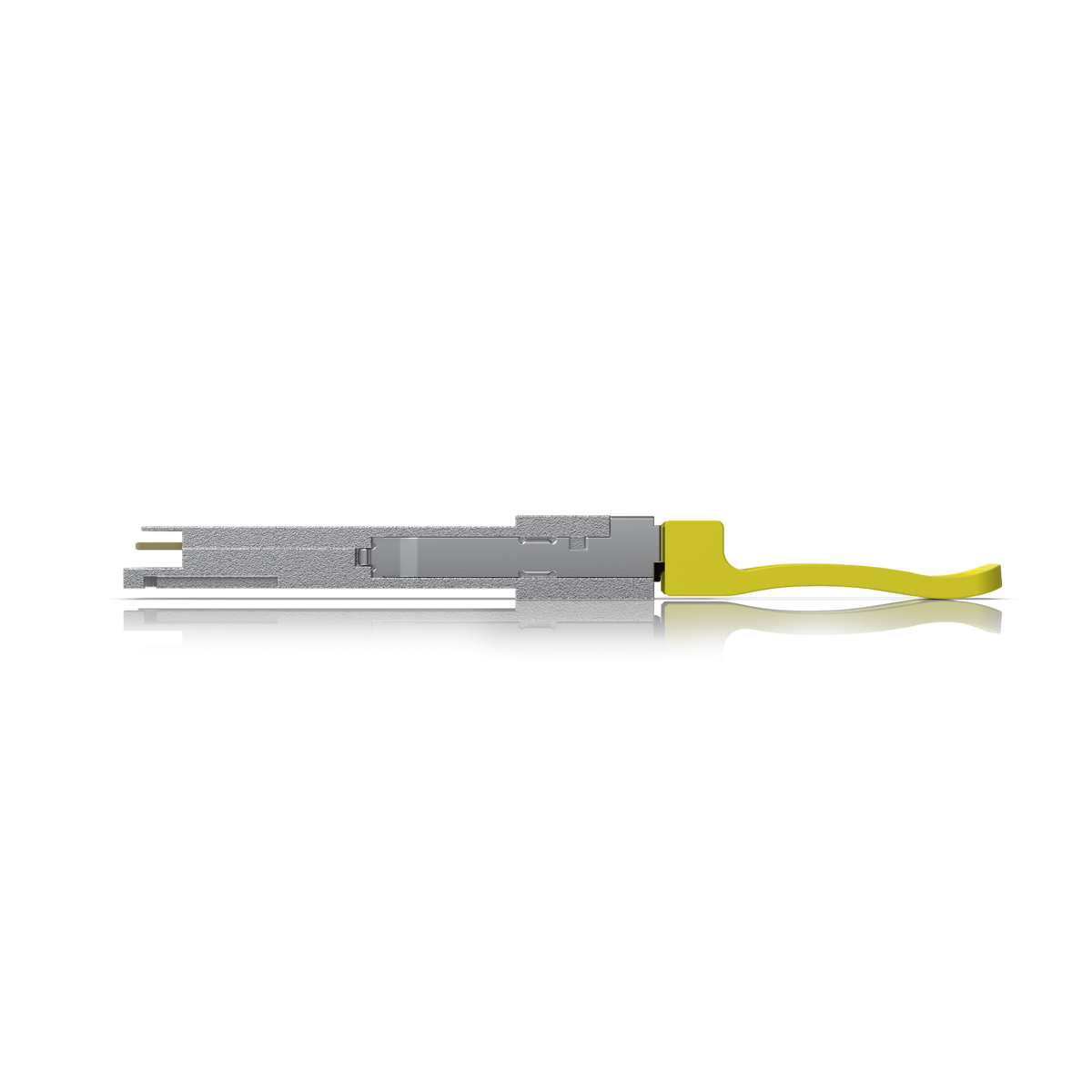 Ubiquiti UACC-OM-QSFP28-PSM4 UniFi 100G PSM4 single-mode optical module, side profile with compact metal housing and yellow pull tab