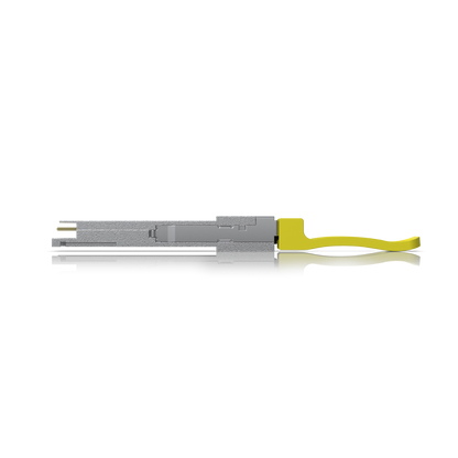 Ubiquiti UACC-OM-QSFP28-PSM4 UniFi 100G PSM4 single-mode optical module, side profile with compact metal housing and yellow pull tab