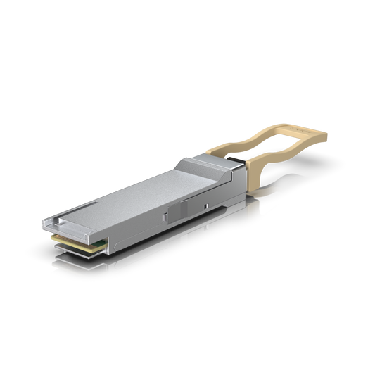 Ubiquiti UACC-OM-QSFP28-SR4 UniFi 100G SR4 multi-mode optical module in an angled underside view showing the metal housing and pull tab