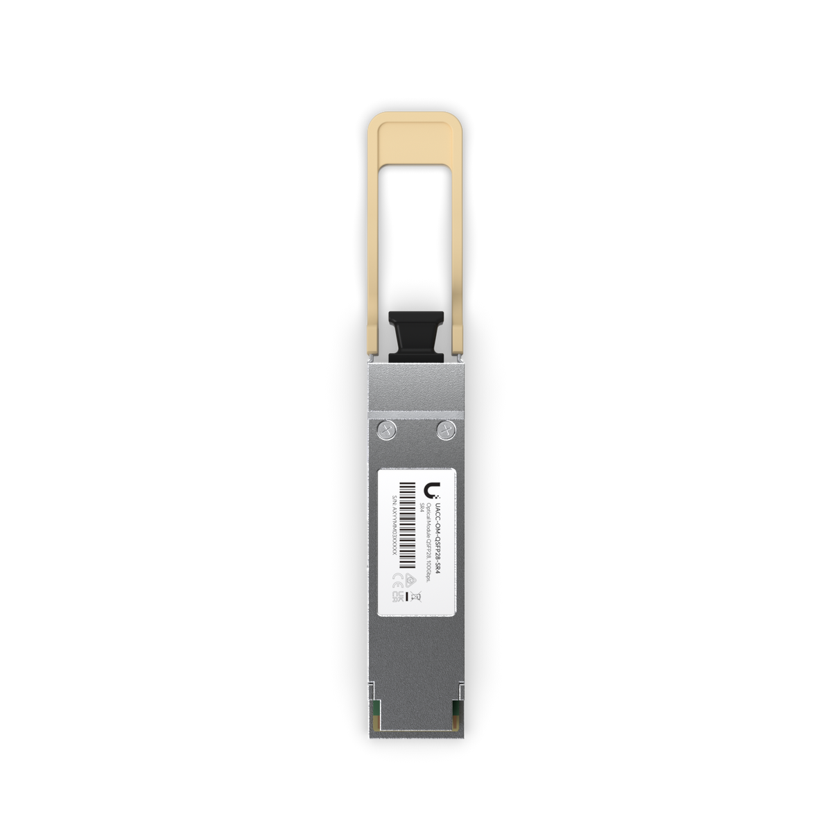 Top view of the Ubiquiti UACC-OM-QSFP28-SR4 UniFi 100G SR4 multi-mode optical module with identification label and connector contacts