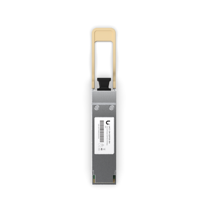 Top view of the Ubiquiti UACC-OM-QSFP28-SR4 UniFi 100G SR4 multi-mode optical module with identification label and connector contacts