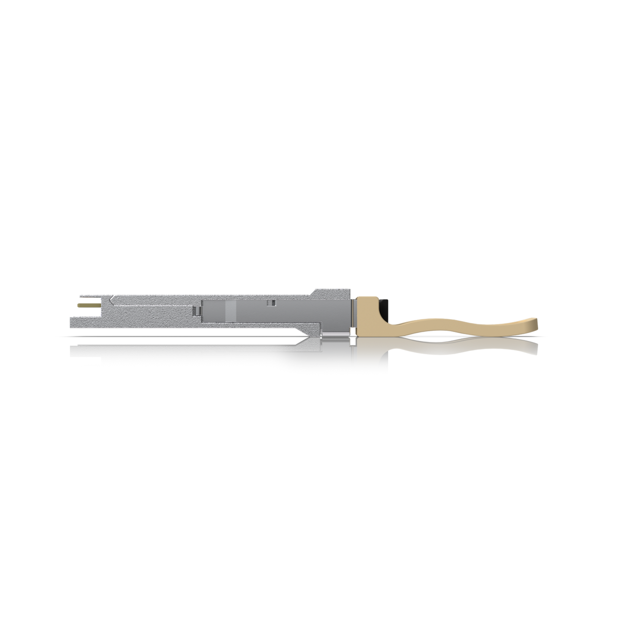 Side profile of the Ubiquiti UACC-OM-QSFP28-SR4 UniFi 100G SR4 multi-mode optical module showing its silver housing and beige pull tab