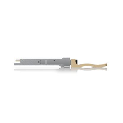 Side profile of the Ubiquiti UACC-OM-QSFP28-SR4 UniFi 100G SR4 multi-mode optical module showing its silver housing and beige pull tab