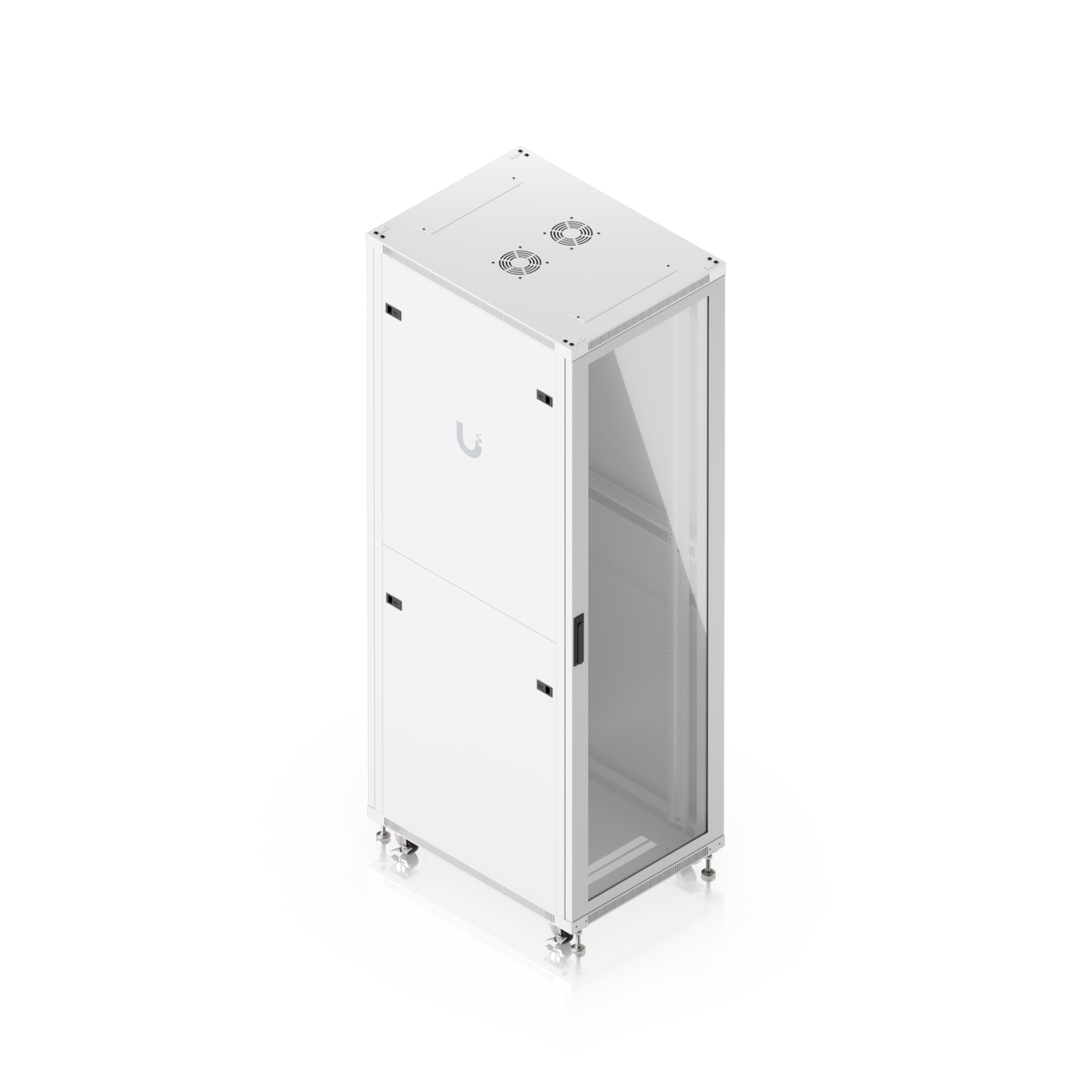 Ubiquiti UACC-Rack-42U-800-G UniFi 800mm 42U Rack Cabinet elevated three-quarter view with glass front door and top fan modules