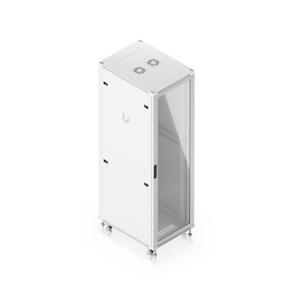 Ubiquiti UACC-Rack-42U-800-G UniFi 800mm 42U Rack Cabinet elevated three-quarter view with glass front door and top fan modules