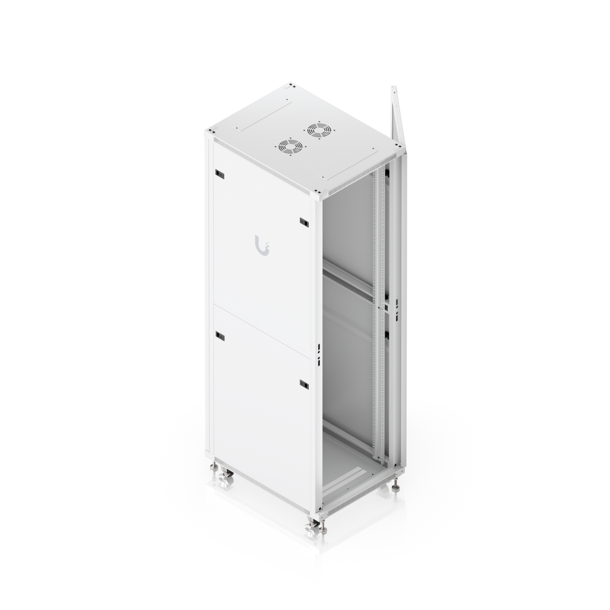 Ubiquiti UACC-Rack-42U-800-G UniFi 42U Rack Cabinet elevated view with glass front door open and adjustable mounting rails visible