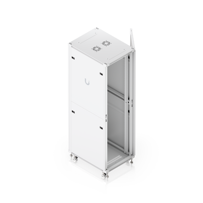 Ubiquiti UACC-Rack-42U-800-G UniFi 42U Rack Cabinet elevated view with glass front door open and adjustable mounting rails visible