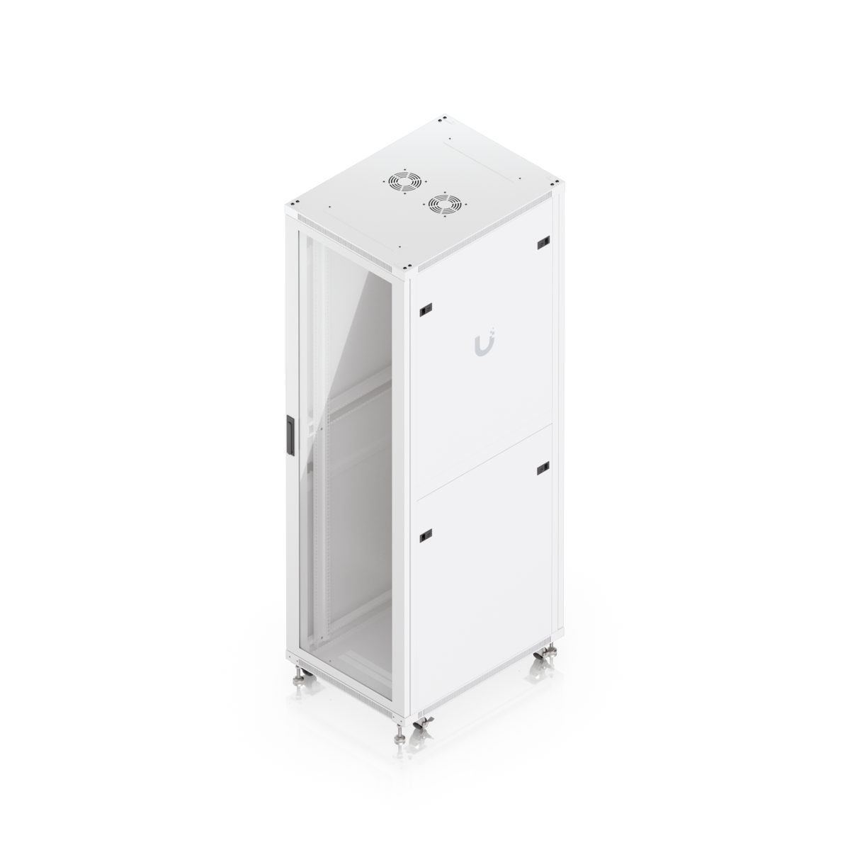 Ubiquiti UACC-Rack-42U-800-G UniFi 800mm 42U Rack Cabinet elevated rear three-quarter view with glass front door and solid side panels
