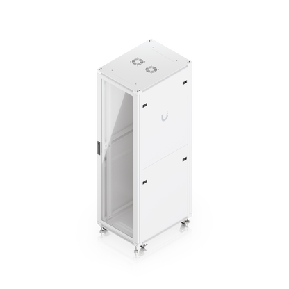 Ubiquiti UACC-Rack-42U-800-G UniFi 800mm 42U Rack Cabinet elevated rear three-quarter view with glass front door and solid side panels