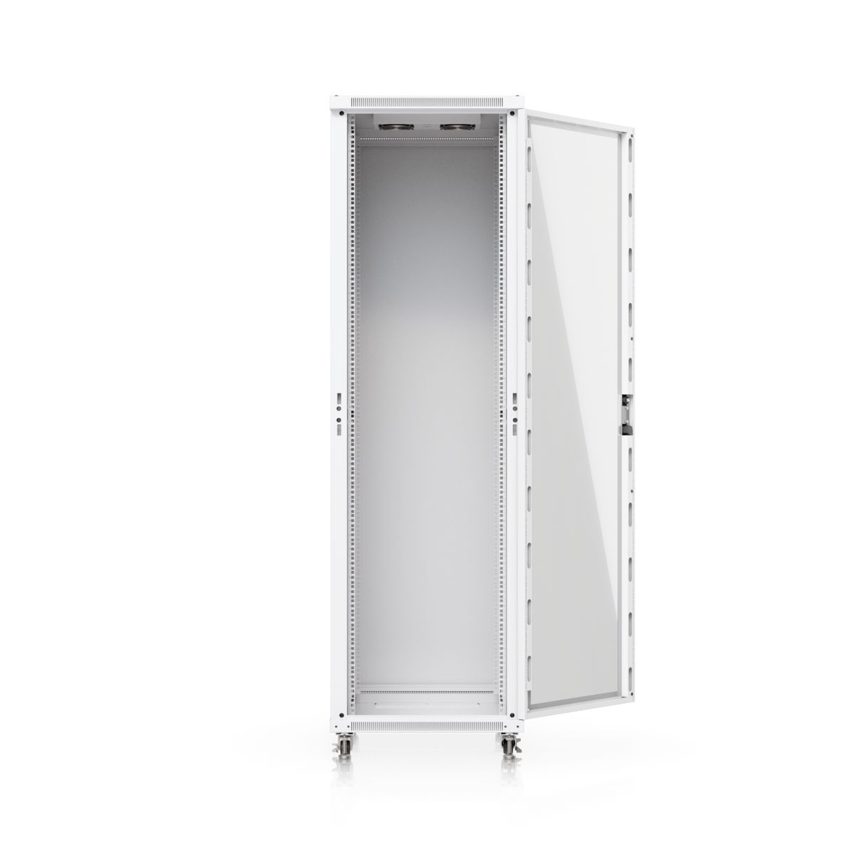 Ubiquiti UACC-Rack-42U-800-G UniFi 42U Rack Cabinet front view with tempered glass door open and mounting rails visible