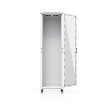 Ubiquiti UACC-Rack-42U-800-G UniFi 42U Rack Cabinet front view with tempered glass door open and mounting rails visible