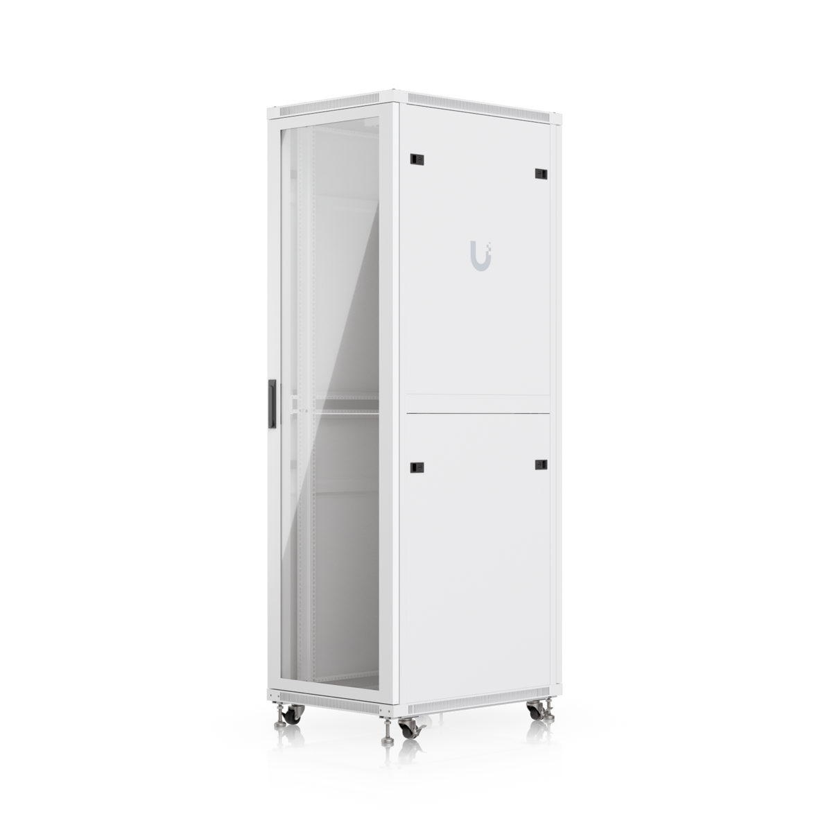 Ubiquiti UACC-Rack-42U-800-G UniFi 800mm 42U Rack Cabinet rear three-quarter view with lockable side panels and casters