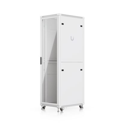 Ubiquiti UACC-Rack-42U-800-G UniFi 800mm 42U Rack Cabinet rear three-quarter view with lockable side panels and casters