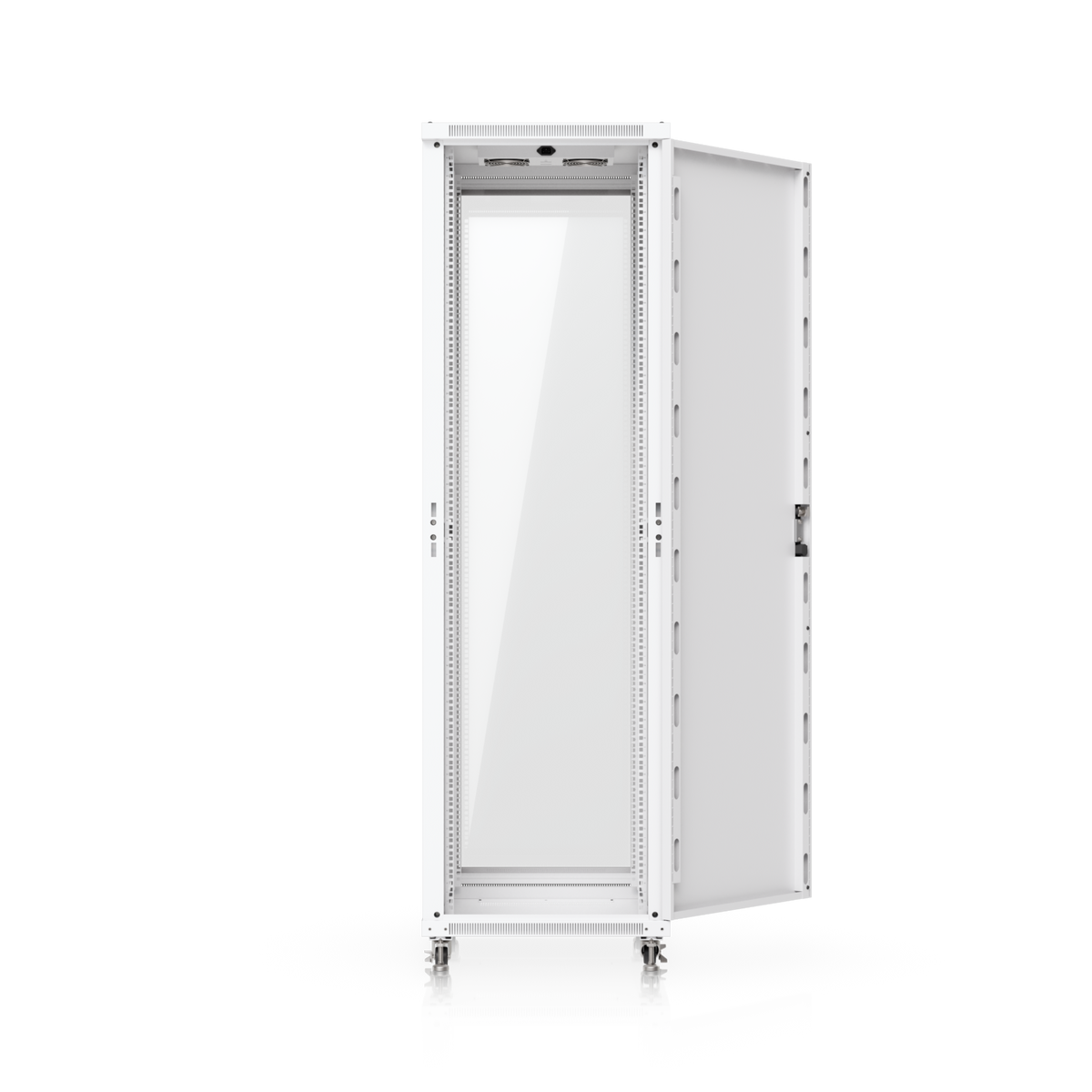 Ubiquiti UACC-Rack-42U-800-G UniFi 800mm 42U Rack Cabinet with front door open and installed equipment visible inside