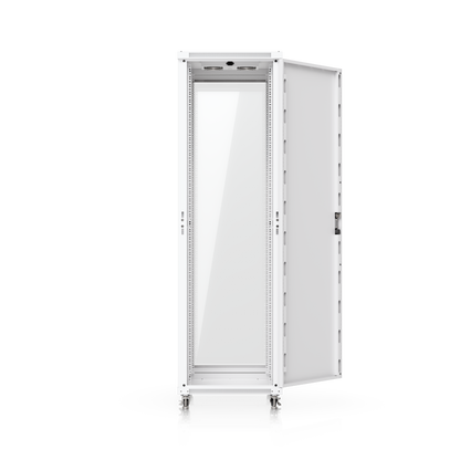 Ubiquiti UACC-Rack-42U-800-G UniFi 800mm 42U Rack Cabinet with front door open and installed equipment visible inside