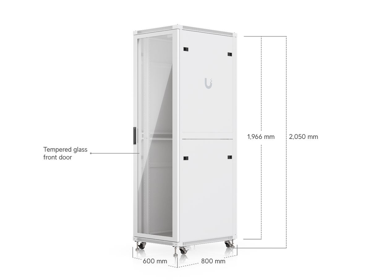 Ubiquiti UACC-Rack-42U-800-G UniFi 800mm 42U Rack Cabinet dimensions showing tempered glass front door, 600mm width, 800mm depth and 2050mm height